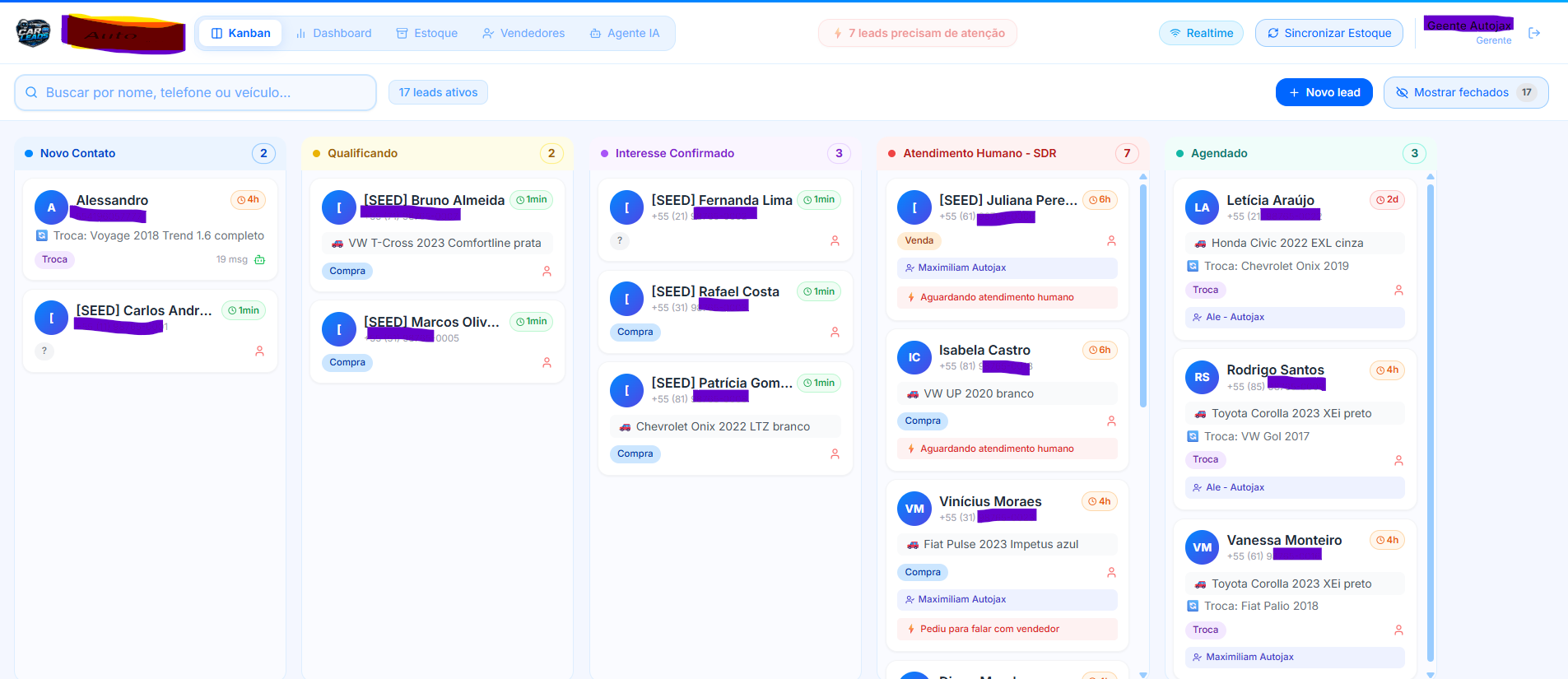 CRM CarLeads — Kanban visual do funil de vendas para revendas de veículos com etapas Novo Contato, Qualificando, Interesse Confirmado e Fechado
